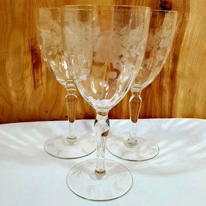 3 Vintage Glastonbury Lotus Alberta Panel Etched Crystal Water Wine Glasses 7.5"